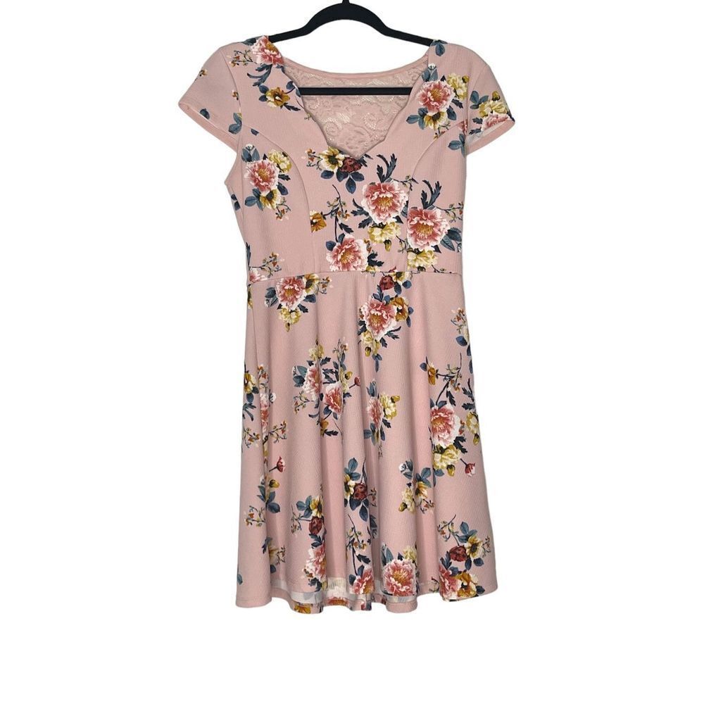 THREE PINK HEARTS | LACE BACK SKATER MINI‎ DRESS PINK FLORAL L - Picture 5 of 9